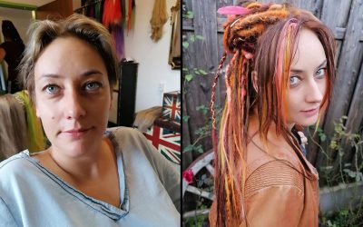 Peloco: Wunderschön herbstliche Farben wurden hier verwendet. Bei dieser hübschen Kundin haben wir verschiedene Techniken für ihre neuen Dreads aus Kunsthaar kombiniert. Besonders am Hinterkopf wurde eine spezielle Volumentechnik angewendet, die auch bei feinem Haar nicht zu schwer wird und sich trotzdem tolle Hochsteckfrisuren zaubern lassen.
