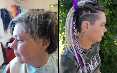 Peloco: Was für eine tolle Typveränderung: meine Kundin wollte immer schon Dreads. Sie wählte eine tolle Farbkombi in blond und lila. Hier wurde mit synthetischen Haar verlängert, welche die Leuchtkraft nie verliert /verändert.