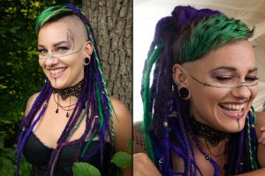 Peloco: Für unser Cyberpunk Fotoshooting haben wir Nina's lila Eigenhaar-Dreadlocks mit synthetischen Kunstdreads in grün farblich zu den gefärbten Stirnfransen abgestimmt. Die geflochtenen Plaits-Zöpfe sind ebenfalls ein zusätzlicher Hingucker. (Copyright by: Foto Frank)